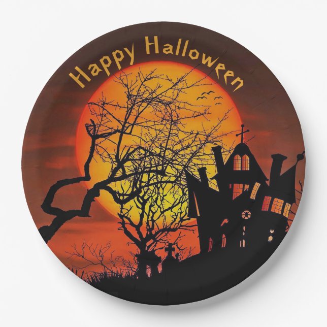 Haunted House Full Moon Graphic Halloween Paper Plate (Front)
