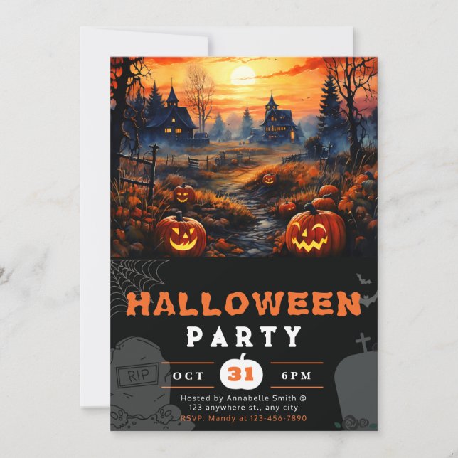 Haunted House Full Moon Pumpkins Black Halloween Invitation (Front)