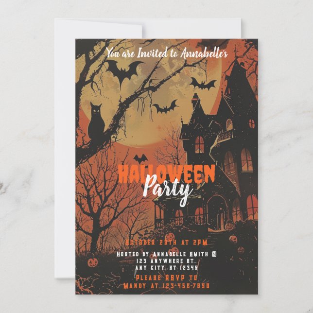 Haunted House Full Moon Pumpkins Halloween Party Invitation (Front)