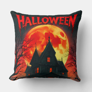 Haunted House Full Moon Throw Pillow
