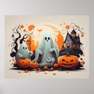 Haunted House, Ghost and Pumpkins Halloween  Poster
