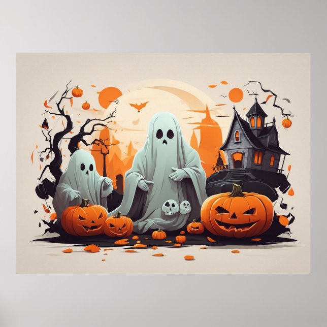 Haunted House, Ghost and Pumpkins Halloween  Poster (Front)