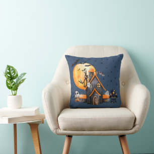 Haunted House Ghosts Full Moon Dark Blue Halloween Throw Pillow