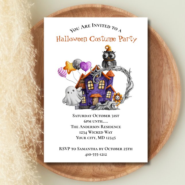 Haunted House Ghosts Owls Balloon Halloween Party Invitation (Halloween Party Haunted House Ghost Owl Invitation. Printed or instant digital download)