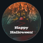 Haunted House Graveyard Halloween Party Classic Round Sticker<br><div class="desc">customize with any text. The Halloween Party Text is removable or can be re-positioned.
Created by:Brochure vector created by Freepik</div>