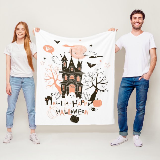 Haunted House "Ha Ha Happy Halloween" Fleece Blanket (In Situ)