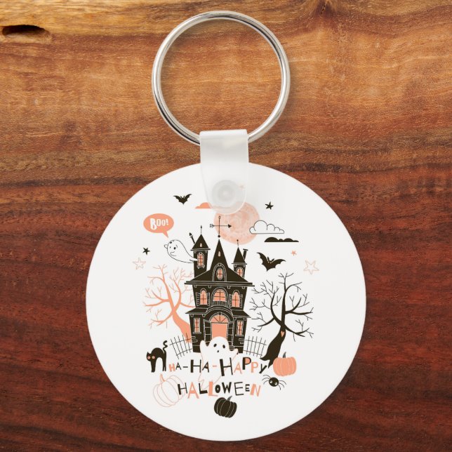 Haunted House "Ha Ha Happy Halloween" Keychain (Back)