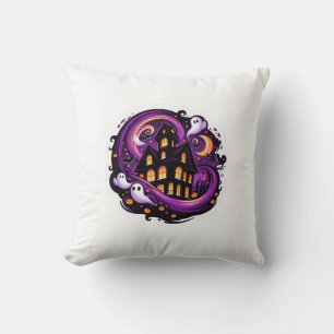 Haunted House Halloween Ghosts, Pumpkins & Bats Throw Pillow