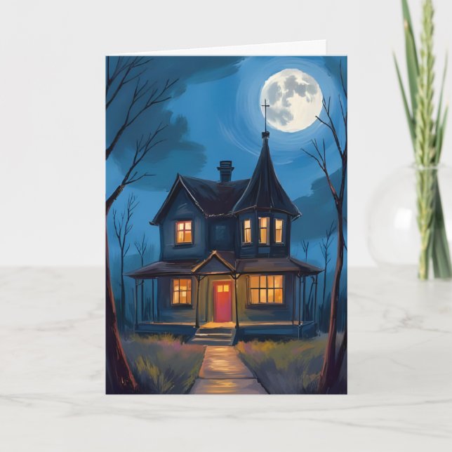 Haunted House Halloween Hand-Painted Card (Front)