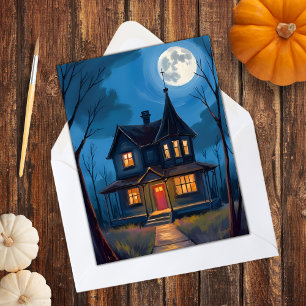 Haunted House Halloween Hand-Painted Holiday Card