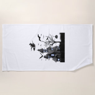 Haunted House Halloween T-Shirt Flying Bats, Witch Beach Towel