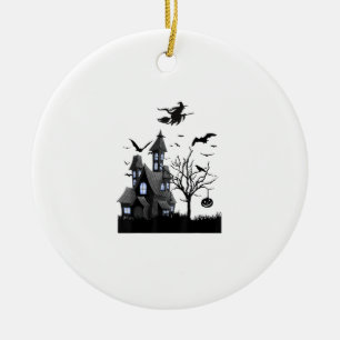 Haunted House Halloween T-Shirt Flying Bats, Witch Ceramic Ornament