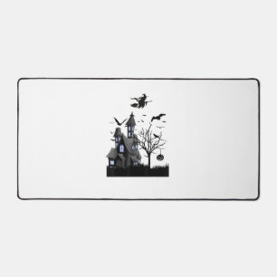 Haunted House Halloween T-Shirt Flying Bats, Witch Desk Mat