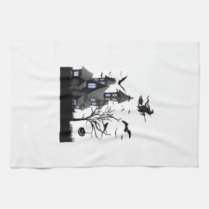 Haunted House Halloween T-Shirt Flying Bats, Witch Kitchen Towel
