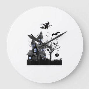 Haunted House Halloween T-Shirt Flying Bats, Witch Large Clock