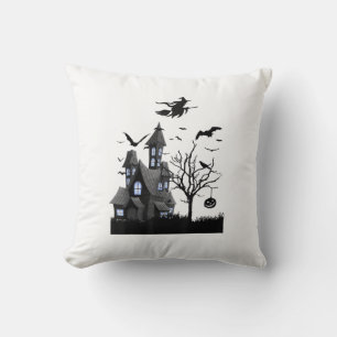 Haunted House Halloween T-Shirt Flying Bats, Witch Throw Pillow