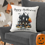 Haunted House Halloween Throw Pillow<br><div class="desc">Add a playful and cozy touch to your Halloween décor with this fun and festive pillow. Featuring a simple black and white design, the pillow showcases a haunted house with orange accents from a spooky tree, pumpkins, and jack-o-lanterns. Cute ghost and bat details complete the whimsical look, along with a...</div>