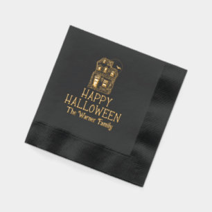 Haunted House Happy Halloween Draped in Spiderwebs Foil Napkins