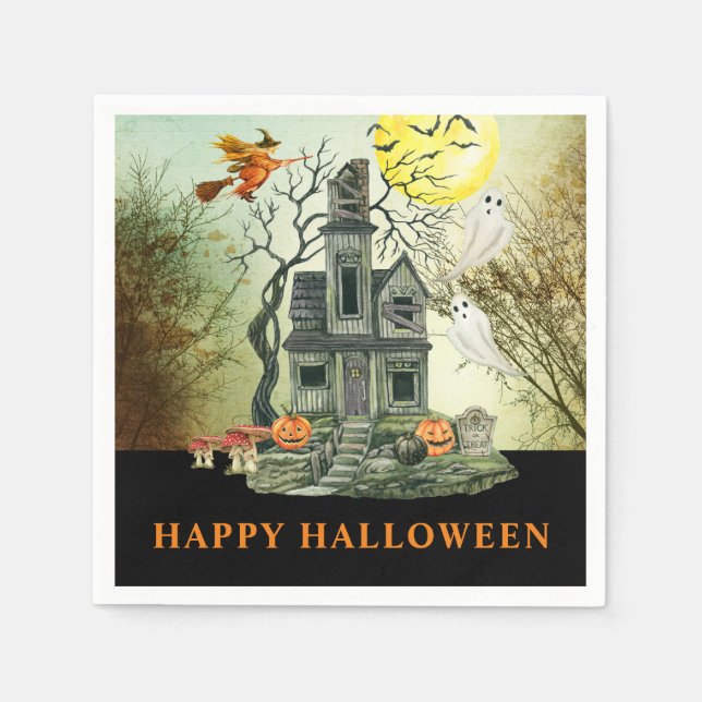 Haunted House Happy Halloween Party Napkin (Front)