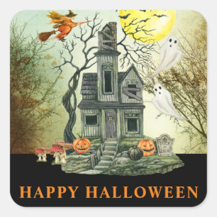 Haunted House Happy Halloween Square Sticker
