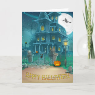 Haunted House Happy Halloween-witch, pumpkin, owl Card