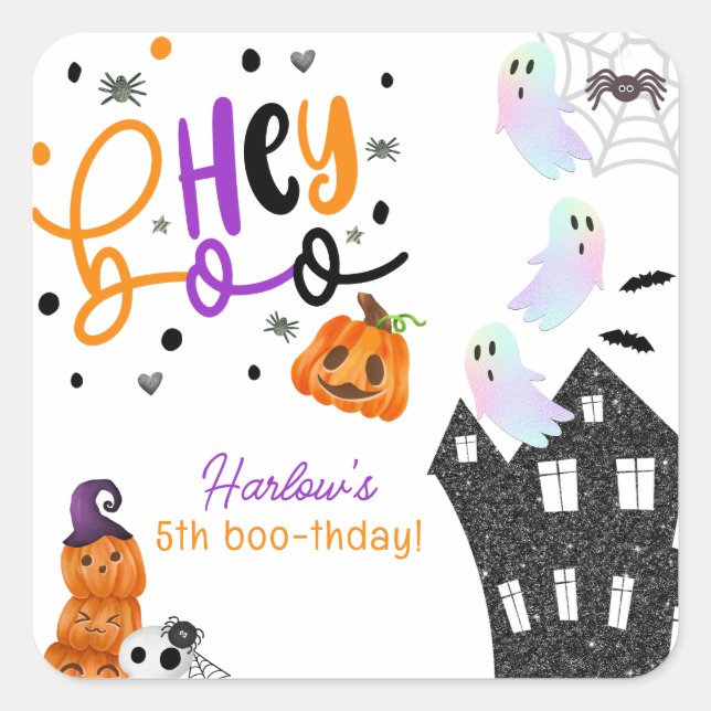 Haunted House Hey Boo Purple Halloween Birthday  Square Sticker (Front)