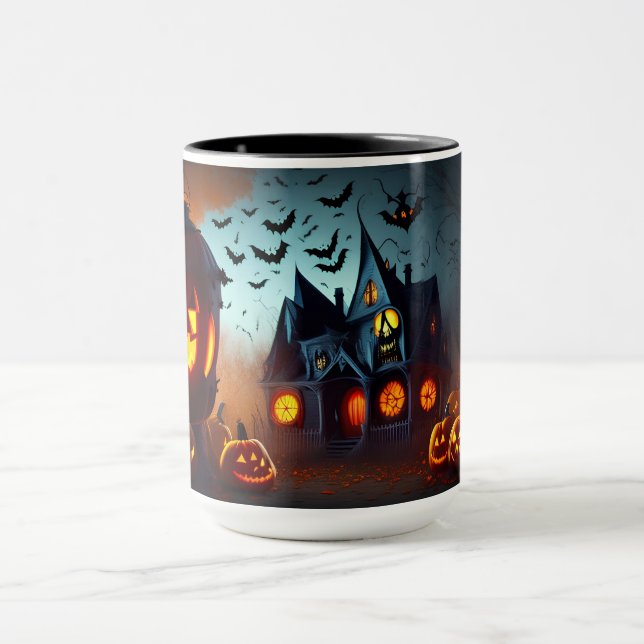 Haunted House, Jack-O-Lanterns and Bats Mug (Center)