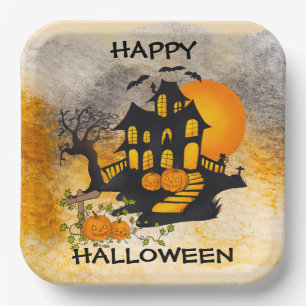 Haunted House Jack O'lanterns, Black Cat, Bats Paper Plate