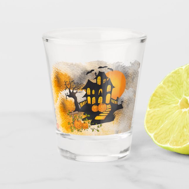 Haunted House Jack O'lanterns, Black Cat, Bats Shot Glass (Front)