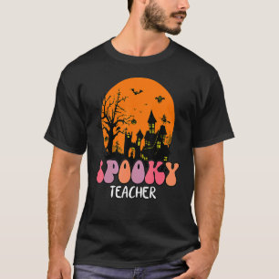 Haunted House Moon Night Groovy Spooky Teacher 4 T-Shirt