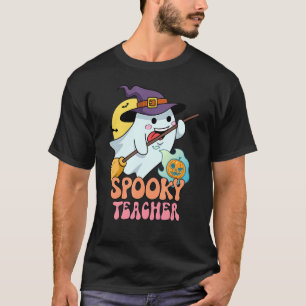 Haunted House Moon Night Groovy Spooky Teacher T-Shirt