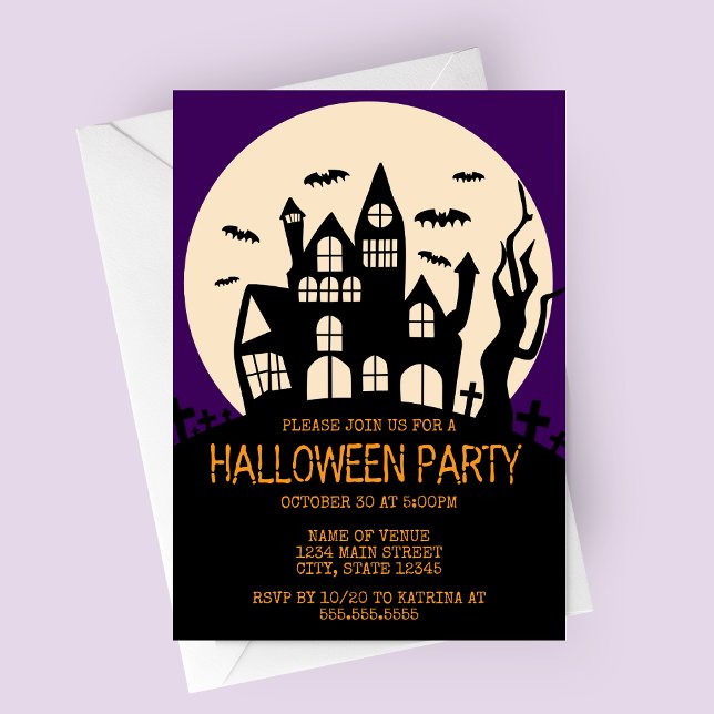 Haunted House on a Hill Halloween Party Invitation (Haunted House on a Hill with Purple Sky Halloween Party Invitation)