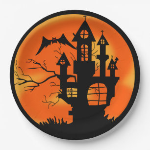 Haunted House Orange Halloween Paper Plate