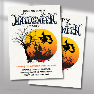 Haunted House Orange Vintage Halloween Party Invitation