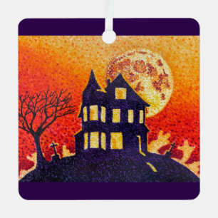 Haunted House Pointillism Halloween Metal Ornament