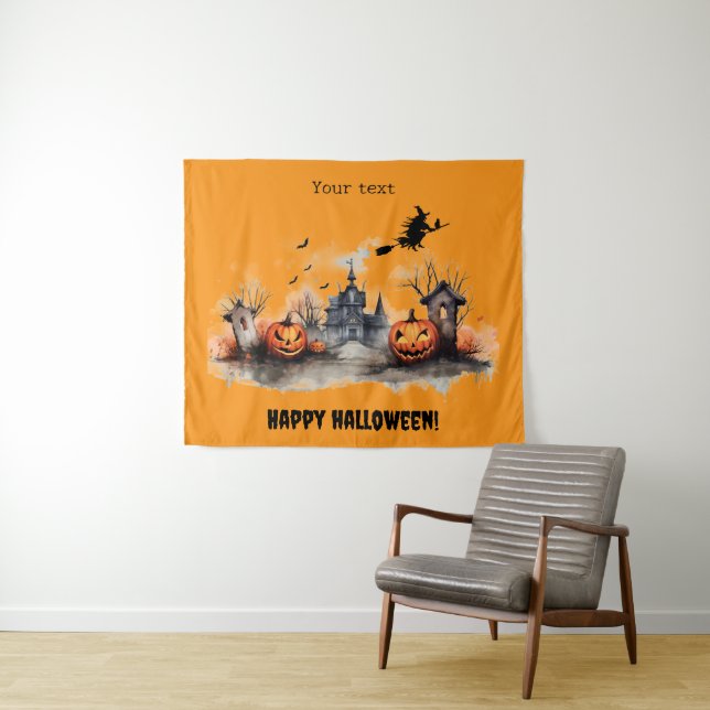 Haunted House pumpkin witch orange Tapestry (In Situ (Horizontal))