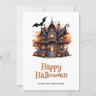 Haunted House Pumpkins Bats Ghost Halloween Card