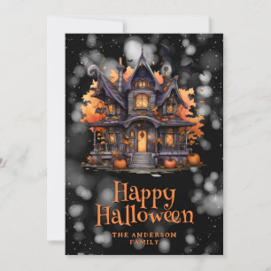 Haunted House Pumpkins Bats Halloween Card