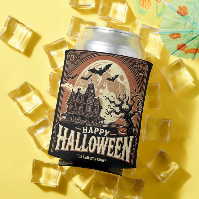 Haunted House Pumpkins Spooky Scary Halloween Can Cooler (In Situ Summer)