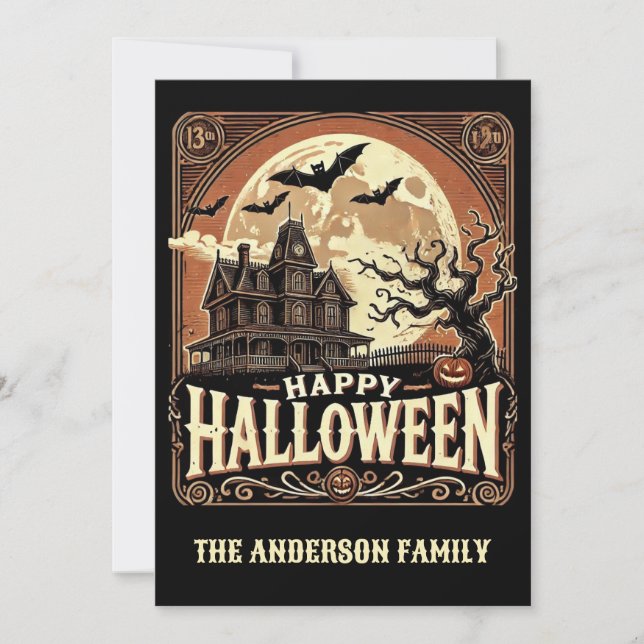 Haunted House Pumpkins Spooky Scary Halloween Holiday Card (Front)