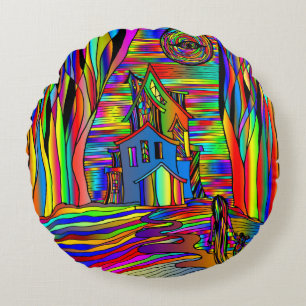 Haunted House Scary Abstract Colourful Stain Glass Round Pillow