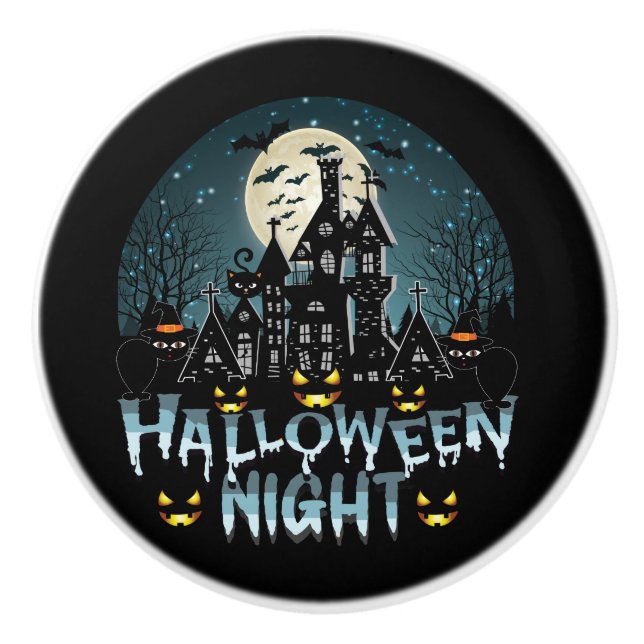 Haunted House, Scary Halloween Night Ceramic Knob (Front)