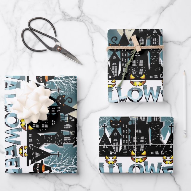 Haunted House, Scary Halloween Night Wrapping Paper Sheet (Front)