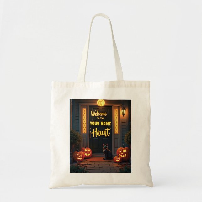 Haunted House Scene Personalized Halloween Tote Bag (Front)