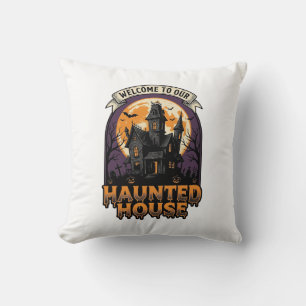 Haunted House Shirt Vintage Halloween Welcome Desi Throw Pillow