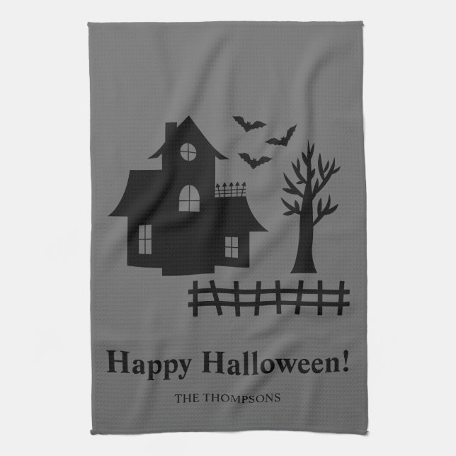 Haunted House Silhouette And Custom Text Halloween Kitchen Towel (Vertical)