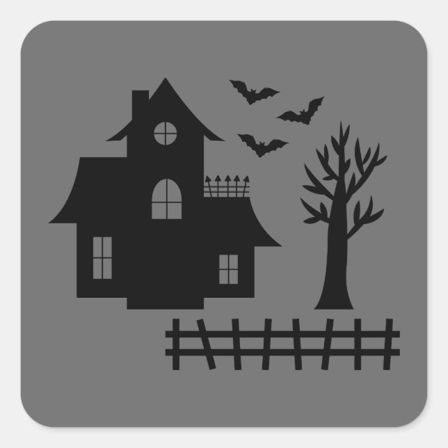 Haunted House Silhouette With Bats Grey Halloween Square Sticker (Front)