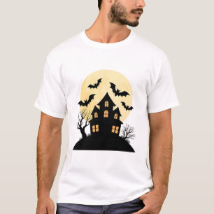 Haunted House Silhouette with Full Moon and Bats T-Shirt