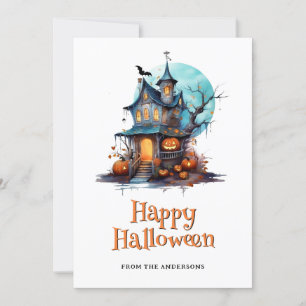 Haunted House Skeleton Ghost Bat Halloween Card