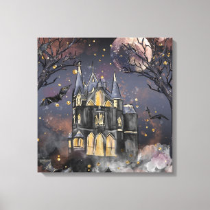 Haunted House   Spooky Full Moon Tree and Bats Canvas Print